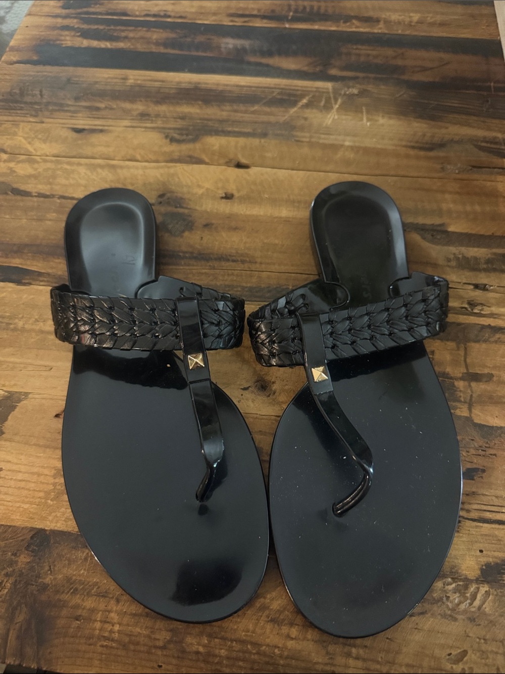 Jack Rogers Black Braided Thong Sandals with Gold Stud Size 8